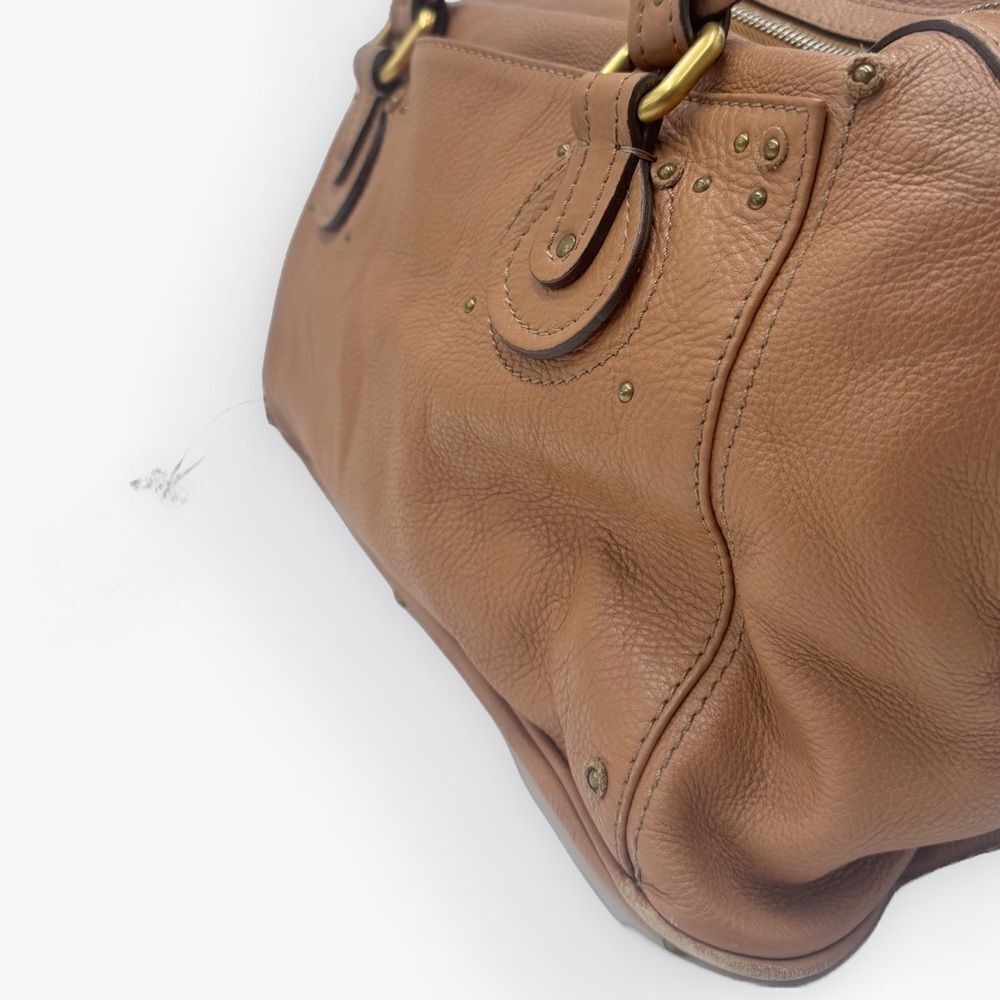 Auth Chloe Caramel Brown Leather Studded Auore Top Handle Duffel Tote Bag - Picture 3 of 16